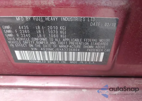 2010 Subaru Legacy 2.5I Limited z USA, uszkodzony, nr VIN 4S3BMCJ6XA3236804